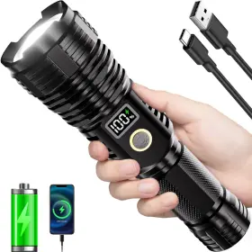 Childbot Y1915c Rechargeable Led Flashlight High Lumens Zoomable Tactical Torch 5 Modes Lcd
