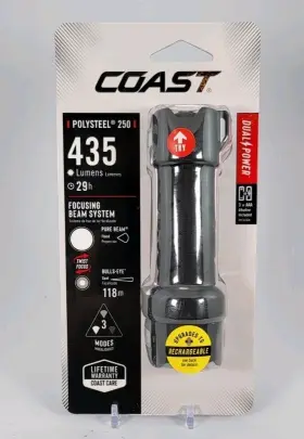 Coast 015286205100 Polysteel 250 Flashlight. 435 Lumens Focusing Beam Quick Cycle Switch Coast 015286205100 Polysteel 250 Flashlight. 435 Lumens Focusing Beam Quick Cycle Switch