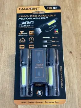 Farpoint 845181033702 2 Pack Rechargeable Micro Flashlights 3 Mode Switch And Charging Cord New