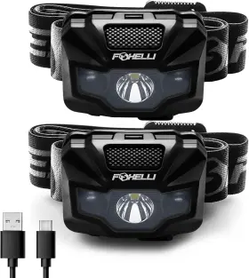 Foxelli Mx200b 2-pack Usb C Rechargeable Led Headlamp Ultra Light 2.4 Oz And Brigh