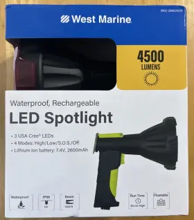 H & H 20802625 West Marine Waterproof Rechargeable Led Spotlight 4500 Lumens ..new