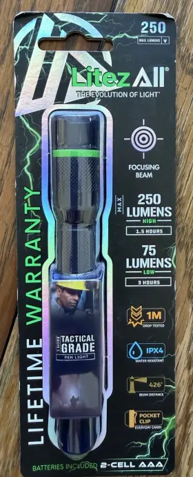 Litezall 24136-09bb01 Tactical Grade Pen Light Flashlight 250 Lumens Led Ipx4 Aaa Batteries