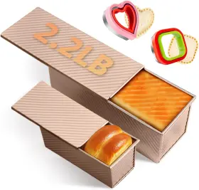 Oeupeaciy Tsmj-01 2 Pack Pullman Loaf Pan With Lid 2.2/0.5 Lb Non-stick Long Large Golden