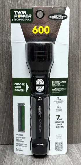 97948 Police Security 600 Lumen Twin Power Flashlight With 4 Aaa Batteries -