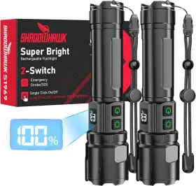 Shadowhawk Us-s1969 Flashlight 20000 High Lumens Rechargeable - 2 Pack 30w Super Bright Led Flash