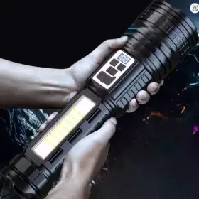 Skywolfeye Mc2011 Bright Led Flashlight Long Range Torch Outdoor Portable Side Light Lcd Camping