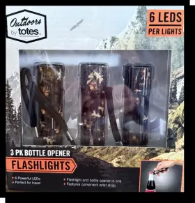 Totes 814190023806 3 Pk. Camo Bottle Opener 6 Led Flashlights Wrist Straps 4 Inch