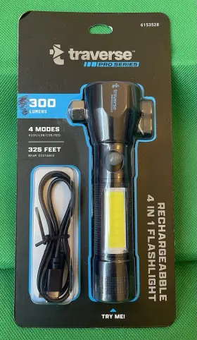 Traverse 6153528 Pro Series 300 Lumens 4 Modes Rechargeable Solar 325 Beam Flashlight