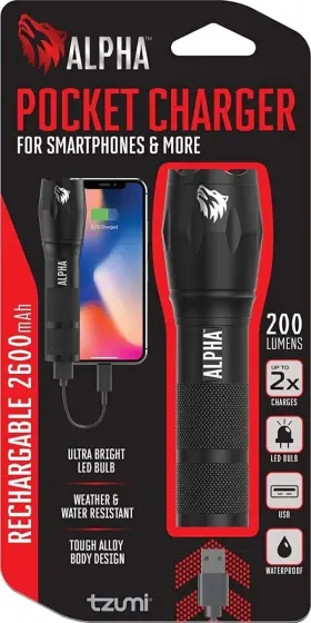 Tzumi 5731wmv2 Alpha Led 200 Lumens 2600mah Portable Pocket Charger And Flashlight Rechargeable