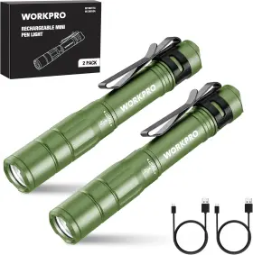 Workpro W139023 Rechargeable Pen Light Mini Flashlight 2 Pack Ultra-compact Edc Flashl